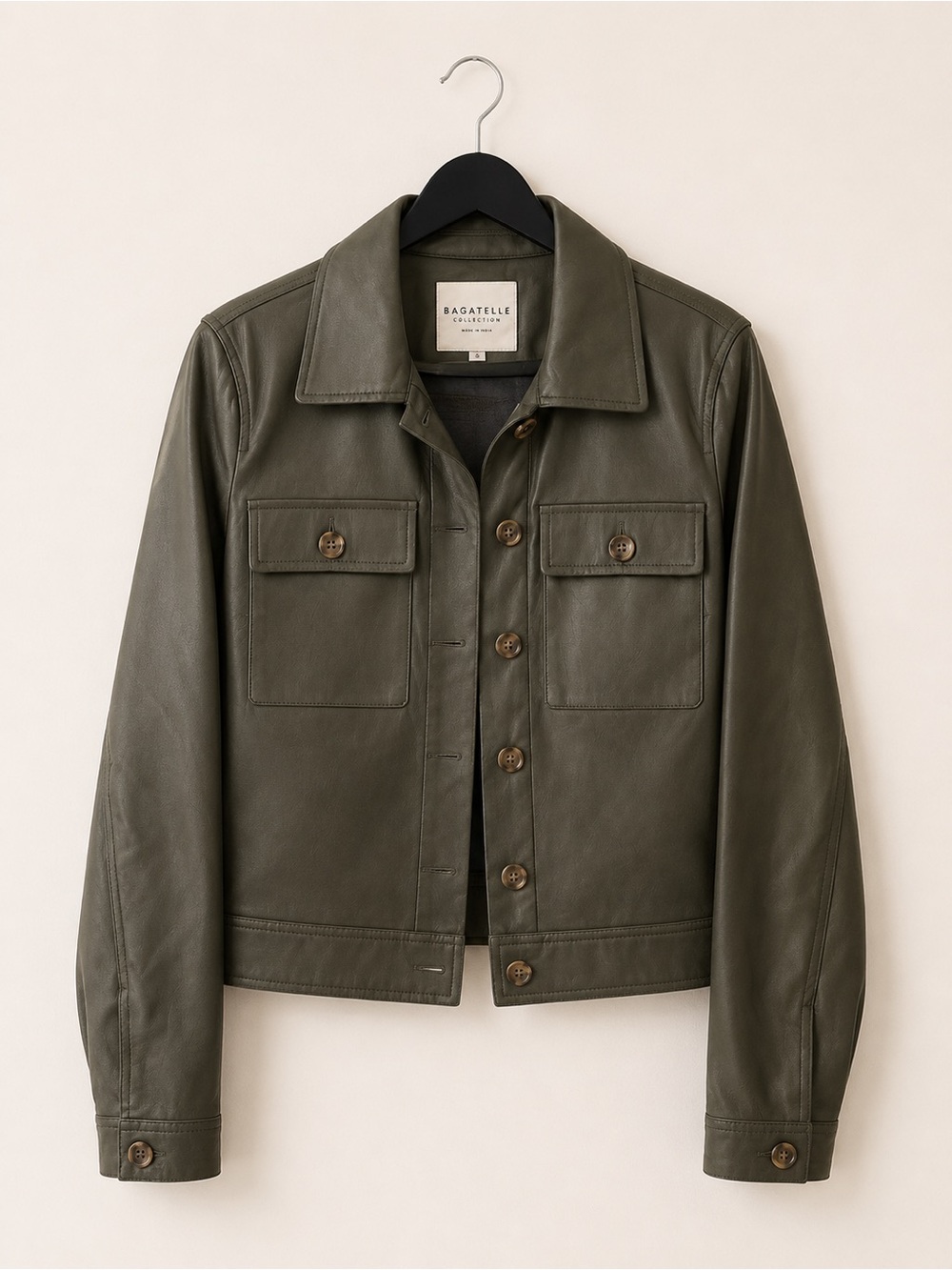 Bagatelle Olive Green Faux Leather Jacket - Picture 1 of 5